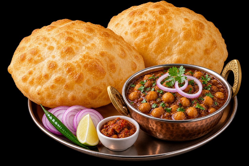 Chhole bhature with onion, lemon and pickle