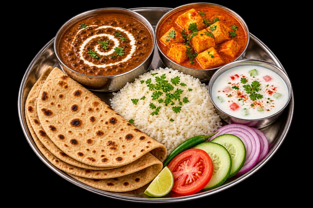 Special meal thali with Dal, Laccha Paratha, Roti, Paneer, Rice and Raita